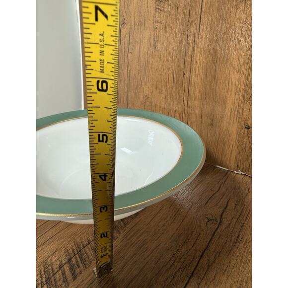 Vintage PYREX USA 9" Serving Bowl Regency White & Green Farmhouse Country - Picture 3 of 5